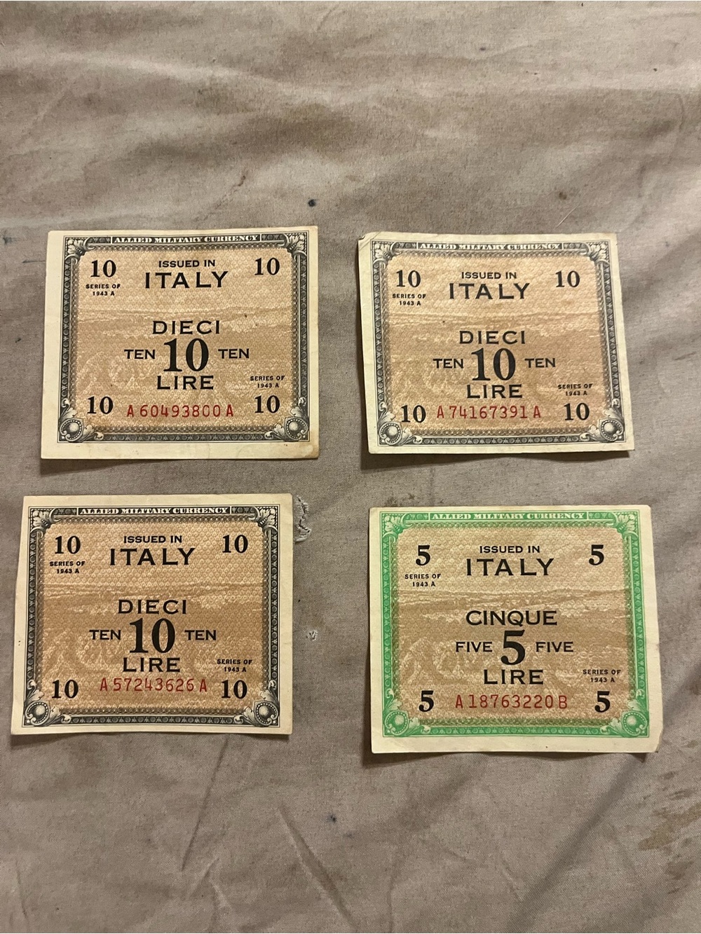Italy 1943 Allied Military Currency Lot: 3x 10 Lire, 1x 5 Lire Uncertified